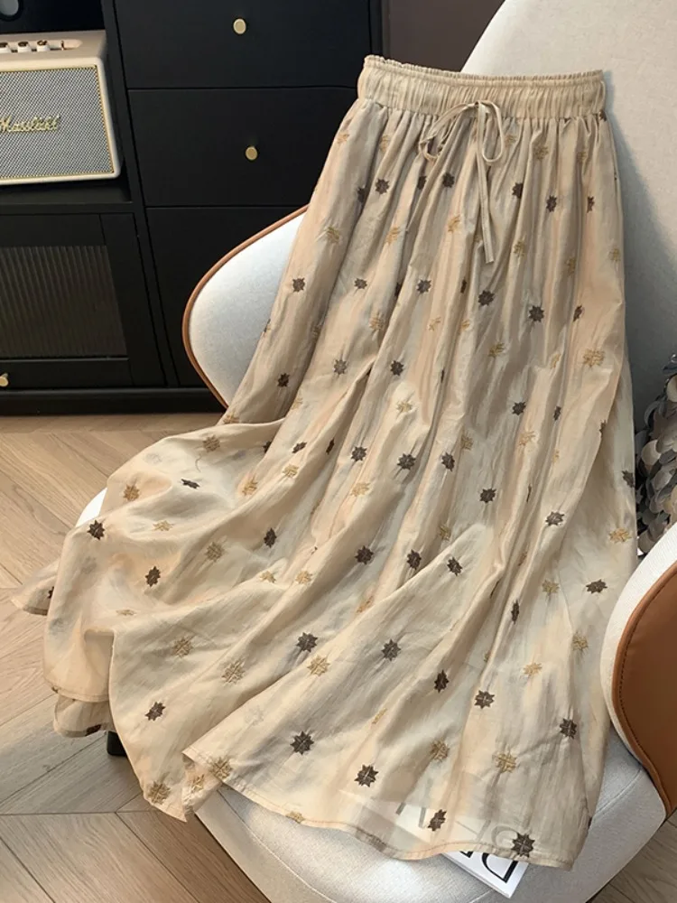 

Ele Embroidered Cotton Linen Midi Skirt Women Summer Thin High End Double Sided Cotton Linen a Line Floral Skirt