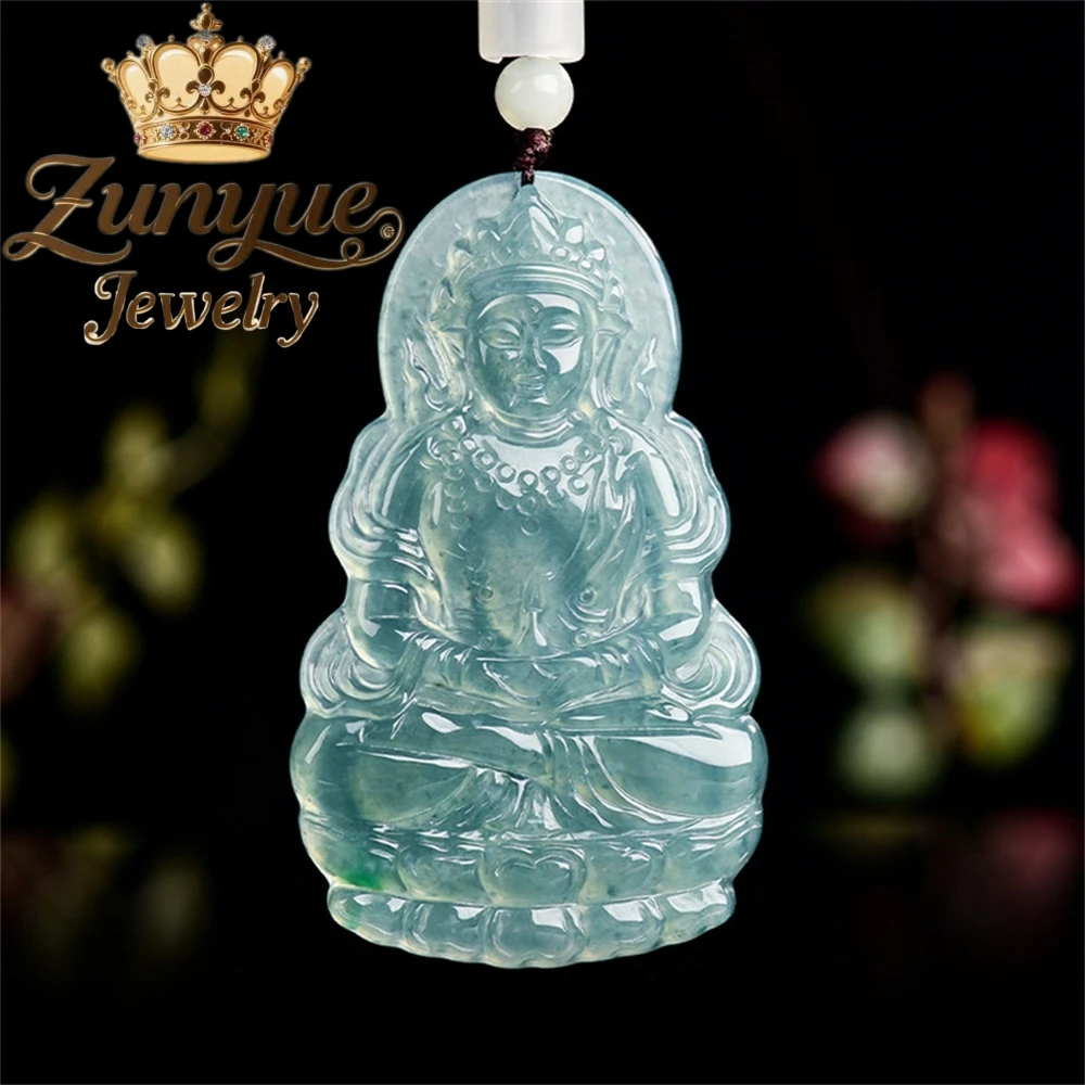 

Natural A-Grade Jadeite Blue Water Tara Guanyin Ice Type Jade Pendant Amulets For Good Luck And Protection Couple Pendants