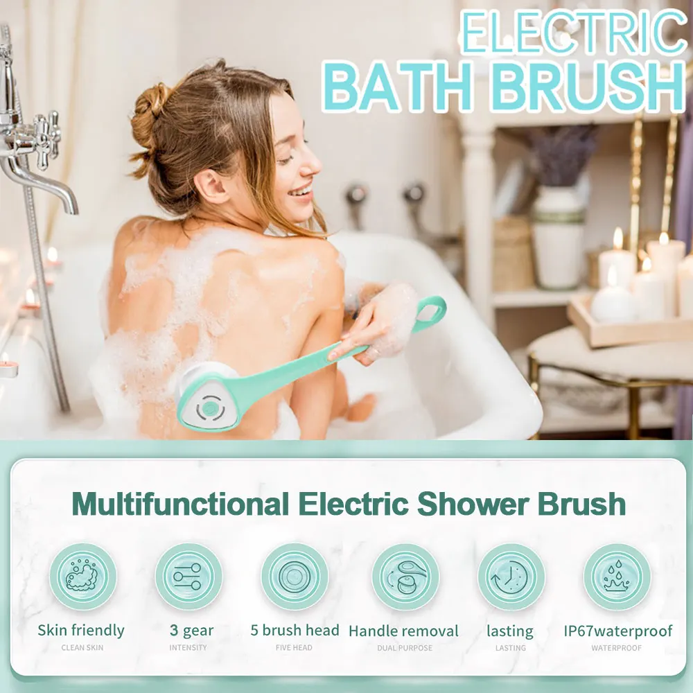 USB Rechargeable Electric Bath Brush, Body Scrubber Multifunction Cleaning Shower Brush Heads, Back Exfoliating Removable Handle