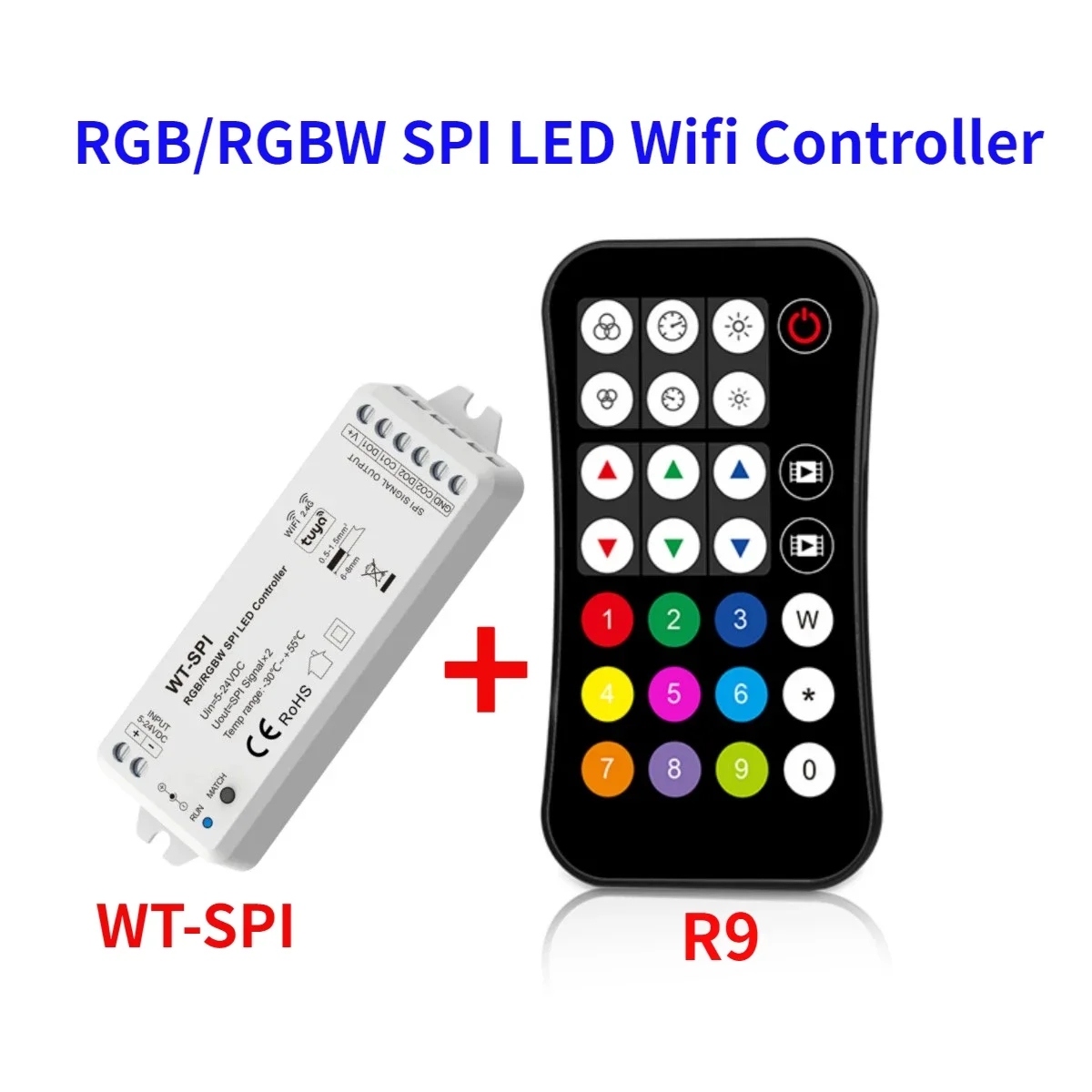 

WT-SPI Tuya 5V-24VDC 12V 2.4G RF SPI LED Wifi Controller R9 Remote For WS2811 WS2812 WS2815 UCS1903 Pixel RGB/RGBW LED Strip