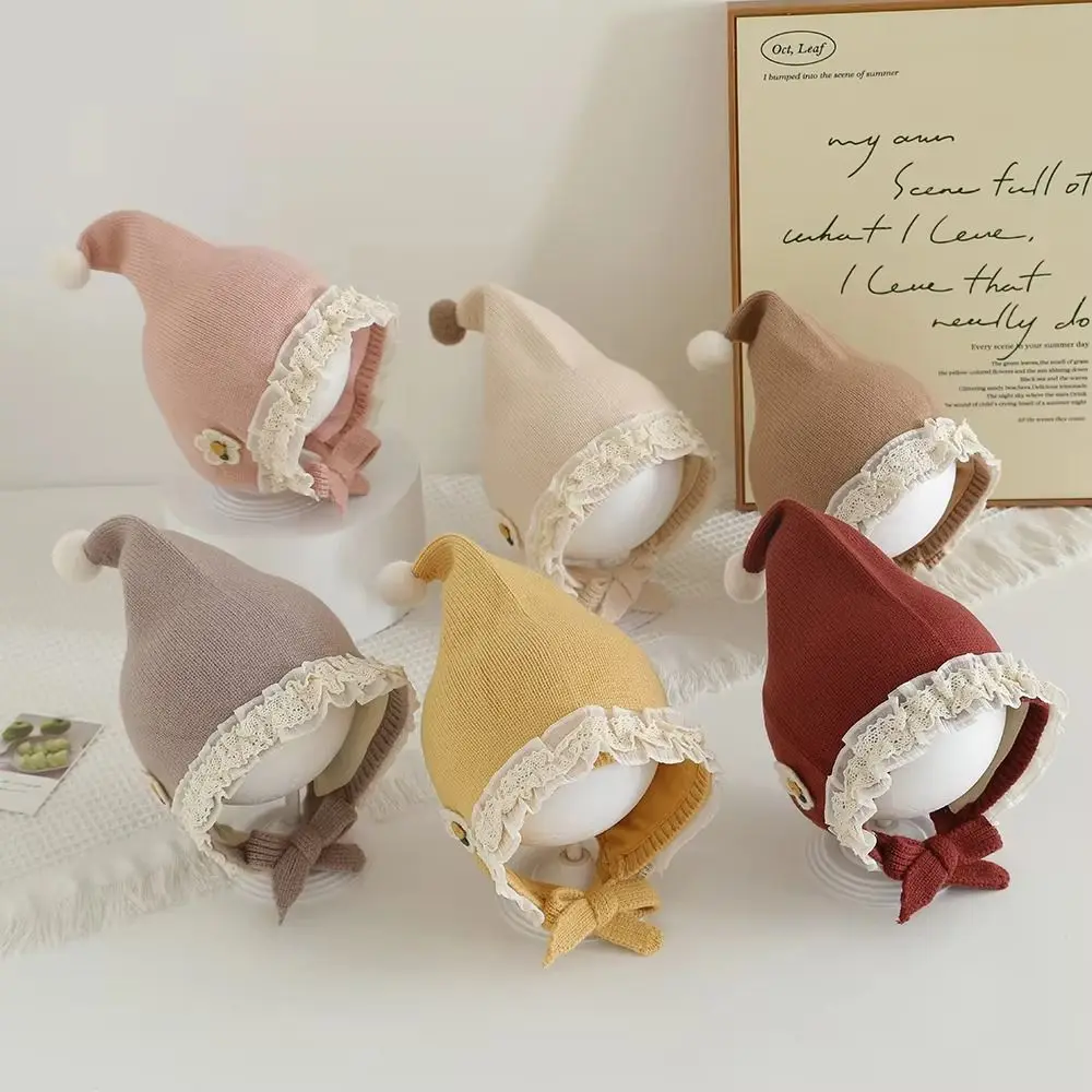 

New Flowers Baby Knitted Hat with Lace Brim Cold-proof Infant Cap Thickened Cartoon Kids Ear Protection Cap Winter