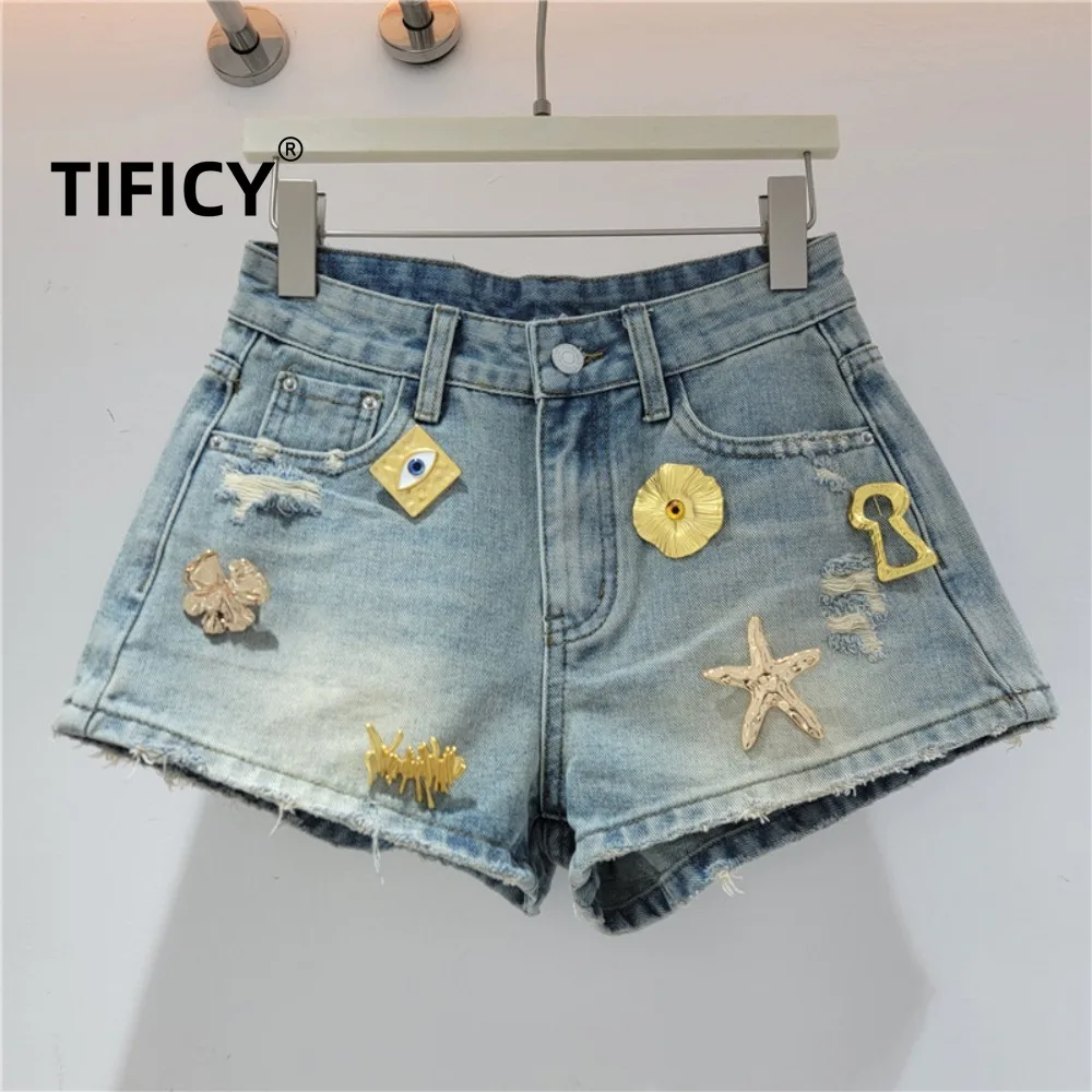 High Street Jeans Metal Buckle Denim Shorts Women's Summer New High Waisted Loose Fit Slim Fit A-line Hot Pants
