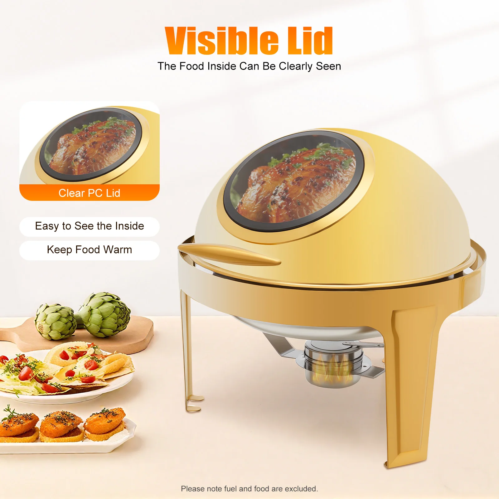 Gold Round Roll Top Chafing Dish, 6L Stainless Steel Buffet Warmer Set with Visual Lid, 90°/180° Opening for Catering, Wedding & Party