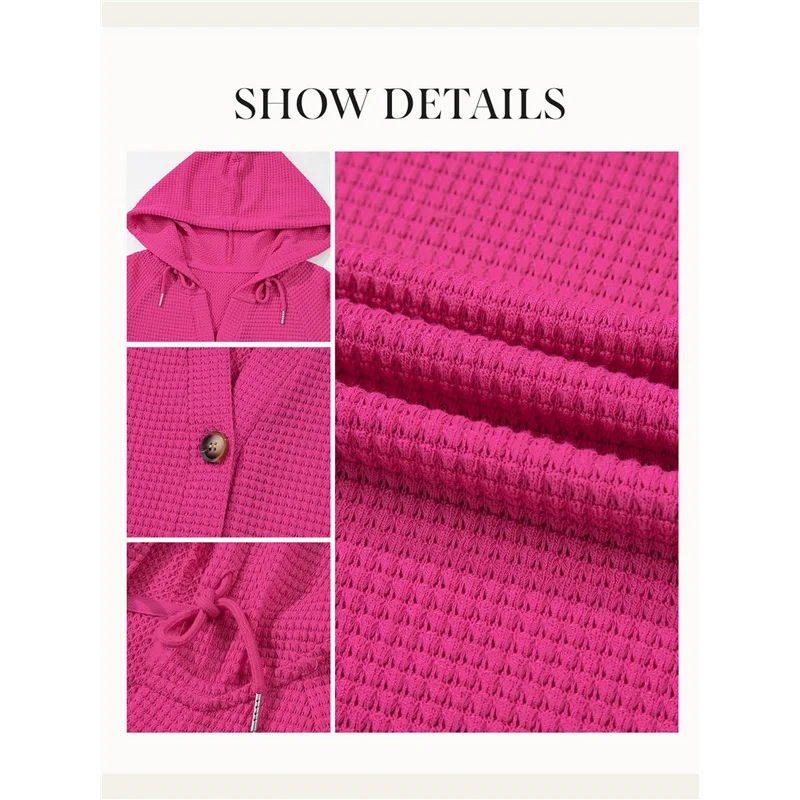 

ABP-Womens Summer Tops Waffle Knit Short Sleeve Drawstring Hoodies Button V Neck Casual Blouses Shirts