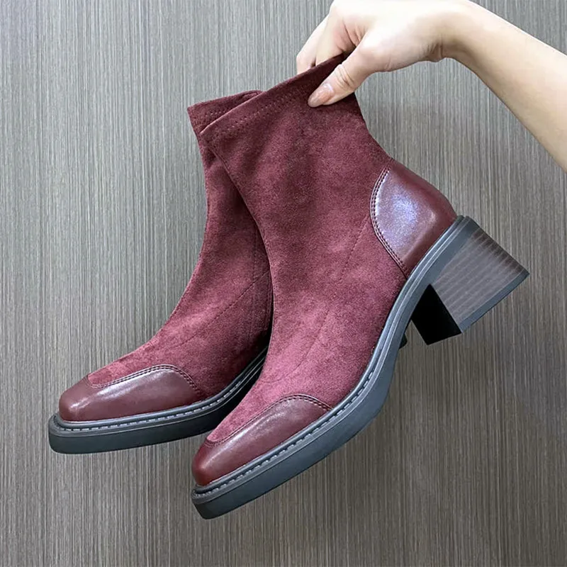 

Роскошные эластичные ботинки из искусственной замши с нашивкой, женские ботильоны на массивном каблуке с боковой молнией, осенние теплые бордовые ботинки Botas Mujer