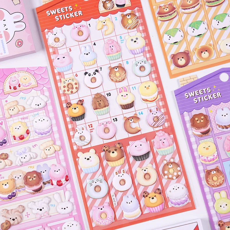 4 Pcs Kawaii Dessert Cake 3D Puffy Donut Animals Sticker Cute Stickers Sheet Scrapbooking Diy Stationery Art Supply Decor Gift