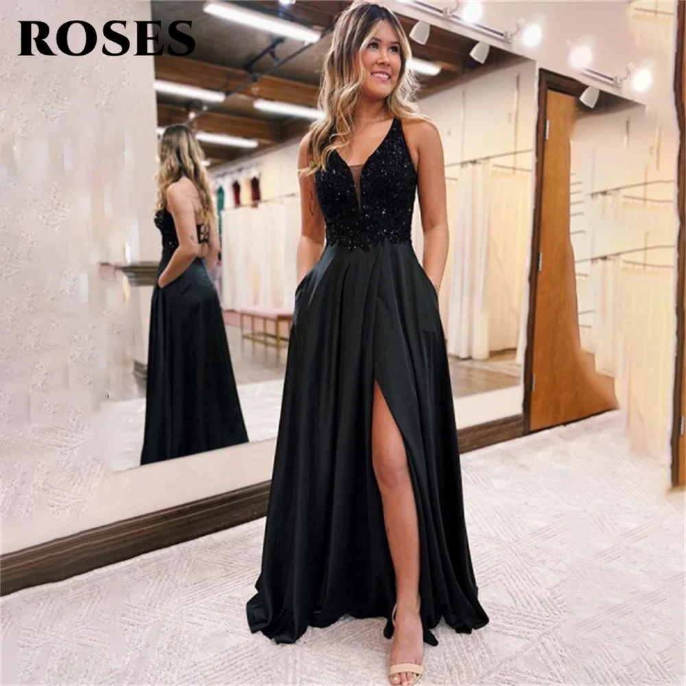 

ROSES Black Sequined Long Party Dresses Spaghetti Strap V Neck Vintage Night Dress Side Split Celebrity Dress vestidos de fiesta