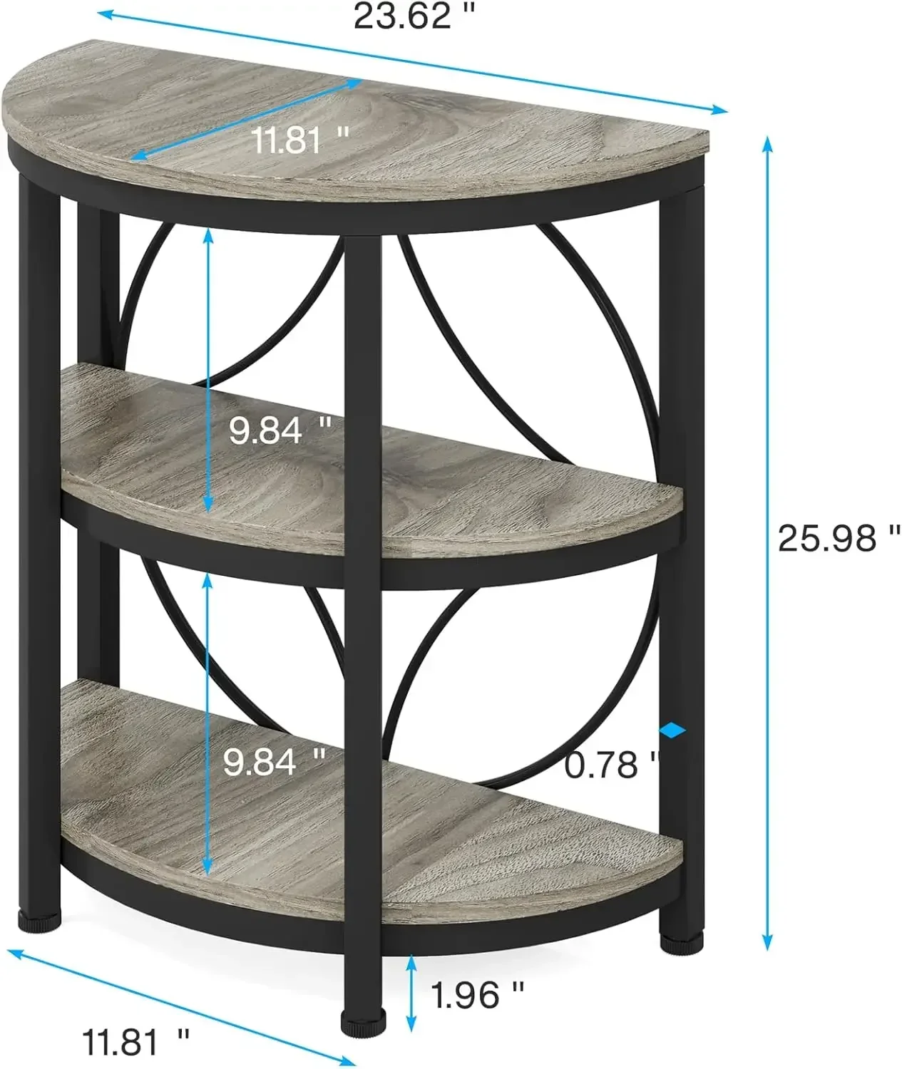 Half Round Side Table, Narrow Sofa Side Table with 3-Tier Storage Shelves, Half Moon Table, Tall Nightstand for Living Room