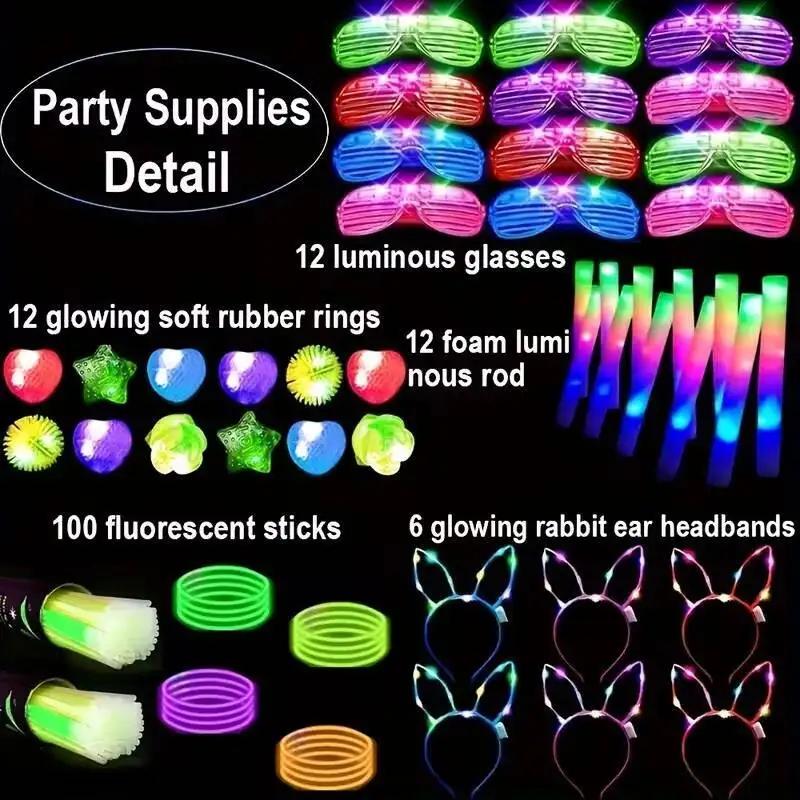 

142-Piece Party Set, Foam Glasses, 100 Sticks, 12 Finger Lights, 6 Glow Headbands, Suitable For Weddings, Group Celebrations,