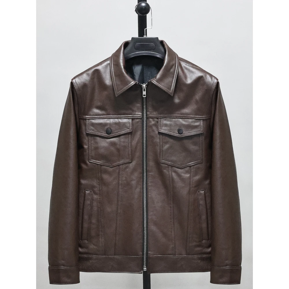 

First Layer Soft Cow Genuine Leather Jacket Men's Silm Short Lapel Casual Motor Biker Jacket Black Caramel Outwear Genuine 3XL