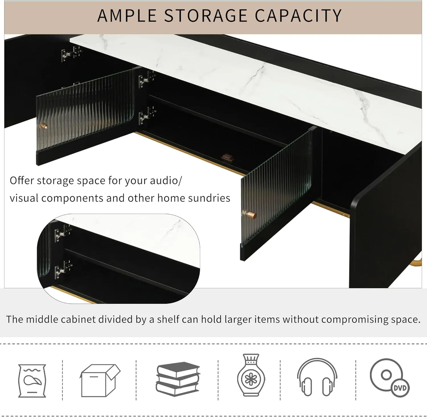 Design elegante TV Stand com vidro caneladas, centro de entretenimento contemporâneo para TVs de até 70 ", topo de mármore falso, mesa console