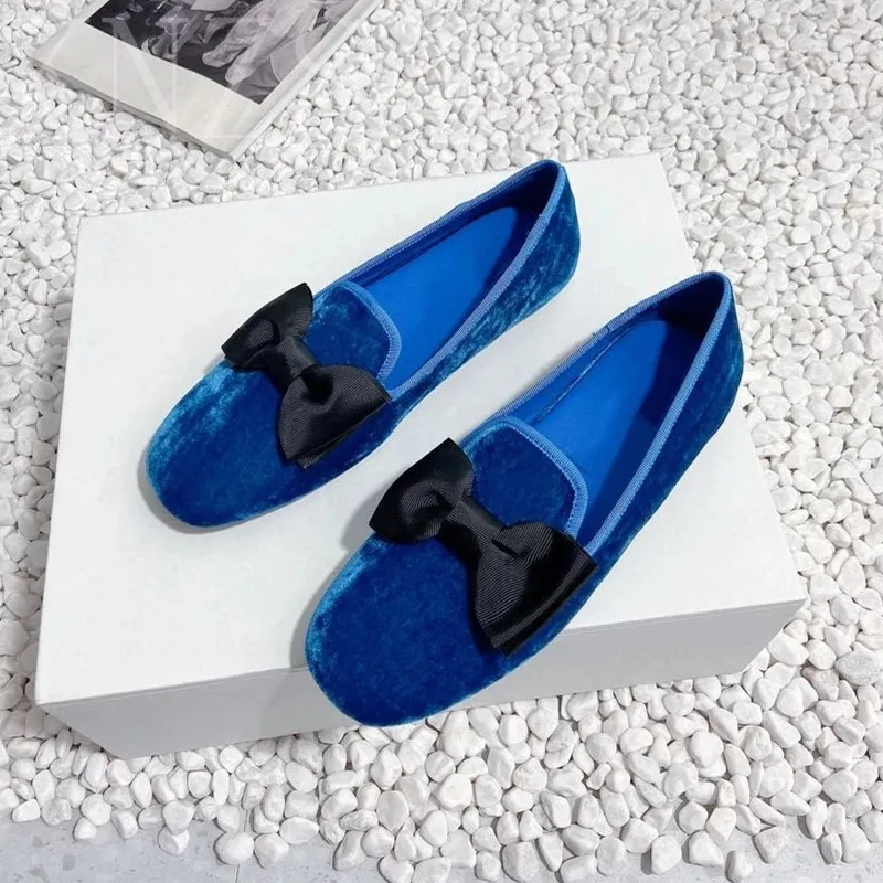 

Spring New Round Toe Velvet Genuine Leather Loafers Butterfly Knot Decor Ballet Flats Casual Concise Single Shoes For Women 2024