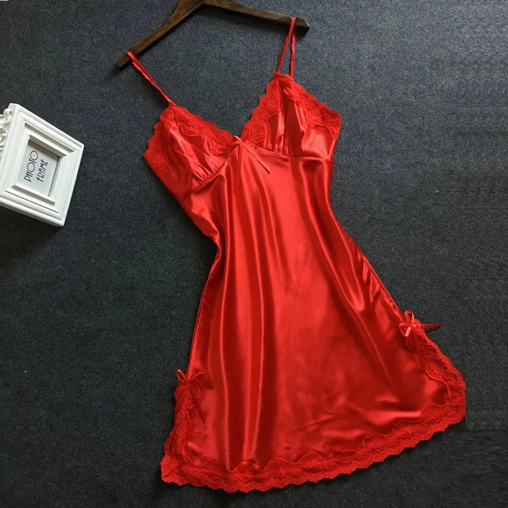 Nightgown Women Gown Sleepdress Sexy Lace Nighty Robe Spaghetti Strap Sleepwear Summer Silk Satin Nightdress Loungewear Side Bow