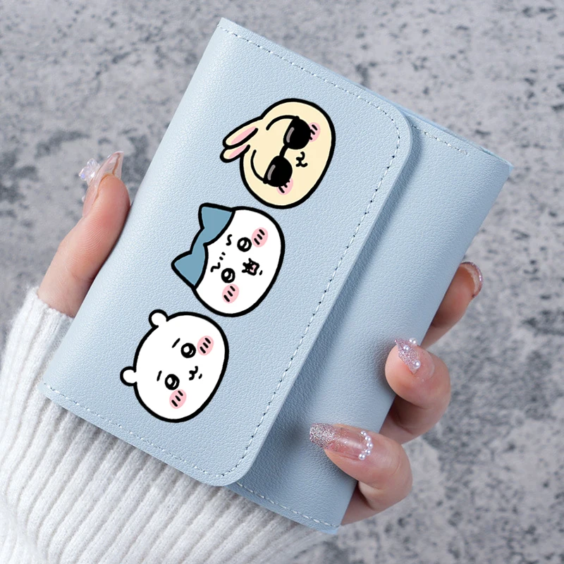 Chiikawa Short Wallet Mini Women Wallets Cartoon Photo ID Card Holder PU Leather Foldable Female Coin Purse Small Change Bag