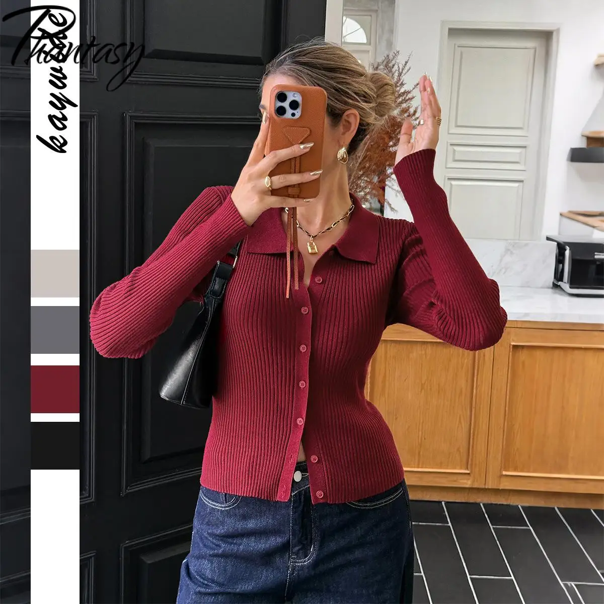 Phantasy Bottoni sexy con scollo a V Cardigan rosa Top slim a maniche lunghe invernali Elegante camicetta classica da donna da ufficio Top vintage