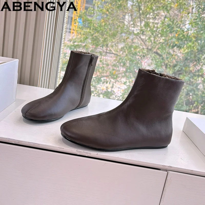 

Зимние шерстяные зимние короткие сапоги, женские удобные туфли на плоской подошве с круглым носком из натуральной кожи, женские теплые плюшевые ботильоны для женщин