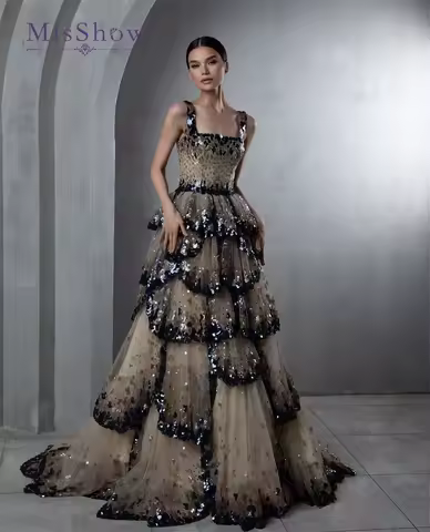 MisShow Customized Square Neck Evening Dress - Beaded &amp; Embroidered Tiered Ball Gown with Dark Trim for Galas/Wedding