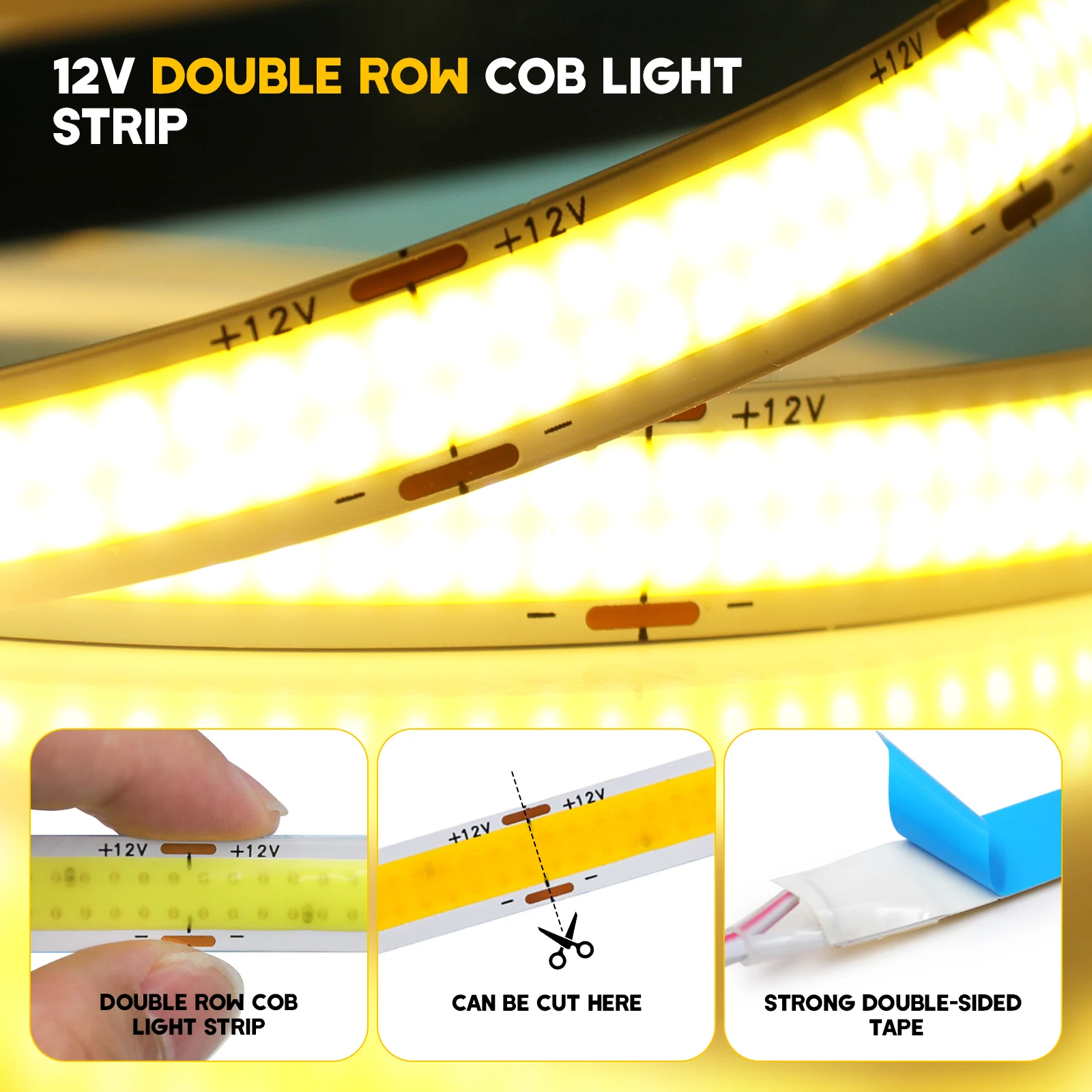 COB LED Strip Light Double Row Super Bright 600 LEDs/m Flexible Tape Linear Dimmable RA90 12V 24V White/Warm White/Natural White