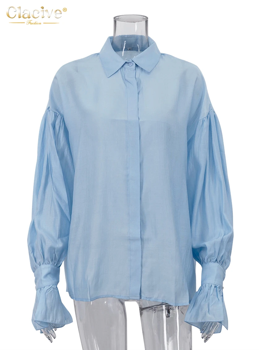 Clacive Fashion Loose White Office Women\'s Shirt Casual Lapel Lantern Sleeve Blouses Elegant Classic Top Female Clothing 2025