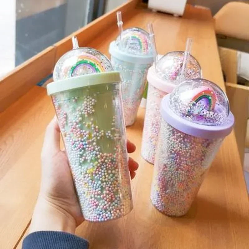 550ml Cartoon Cute Rainbow Cup with Straw Double Plastic BPA Free Woman Girl Water Bottle for Juice Milk Coffee Drinking Tumbler