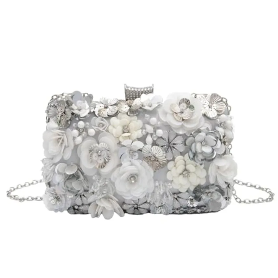 

Floral Evening Bag for Women Beaded Clutch Purse with Sequins and Rhinestone Wedding Party Handbag with Chains