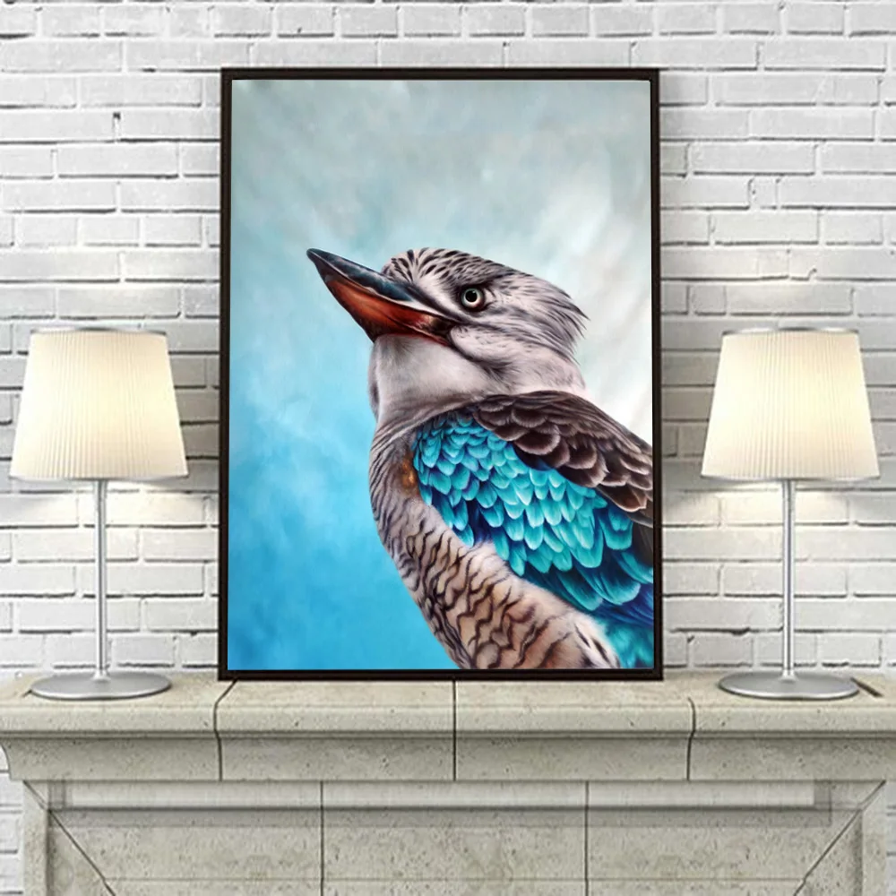 Original Art Hand-painted Realistic Animal Bird Oil Painting on Canvas for Living Room Decor Handmade Blue Feather Bird Painting