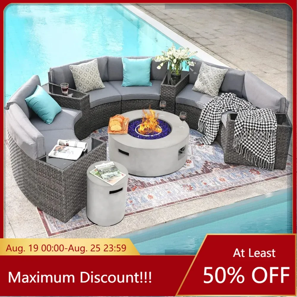 

Patio Furniture Set with Propane Fire Pit Curved Patio Set Outdoor Sectional Sofa with Bronze Gas Fire Table & Tank Cover