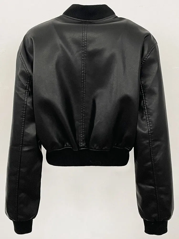 Autumn/Winter Fake Leather Jacket For Women Stand up Collar Zipper Black PU Jackets American Casual Fashion High Street Coats