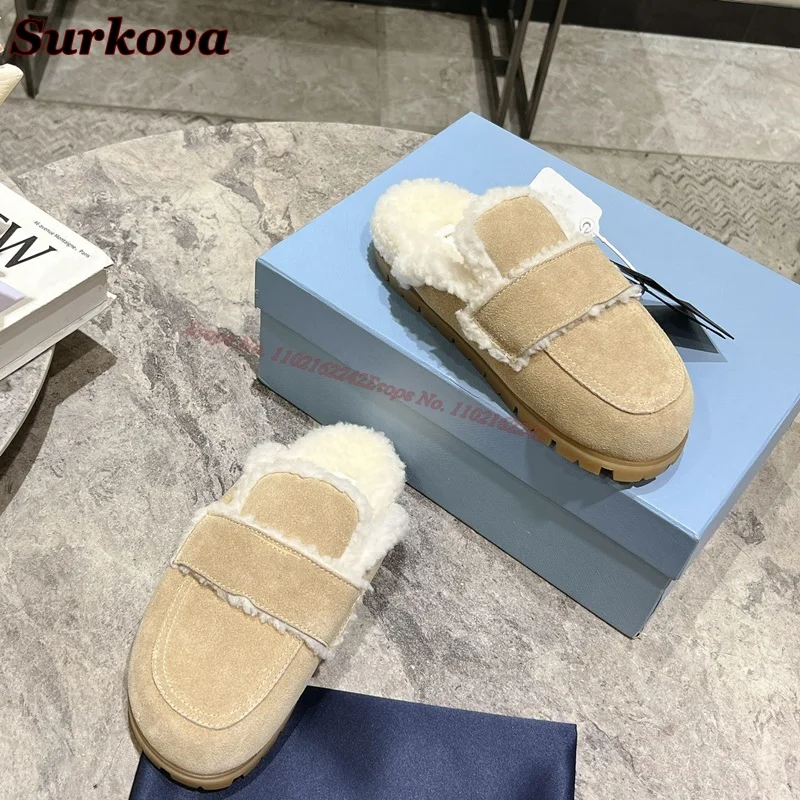 Autumn And Winter Genuine Leather Wool Slippers Round Toe Non-Slip Warm Flat Loafers Fashion Casual Luxury Slippers For Women