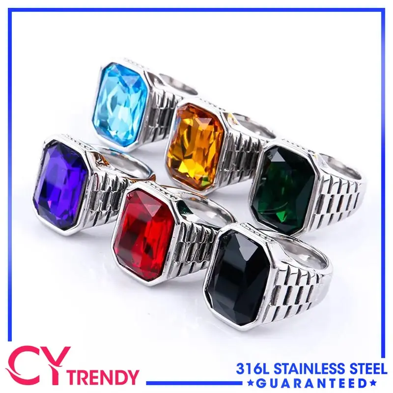 Men's Personality Multi color Gem Stainless Steel Ring Sizes 7-13