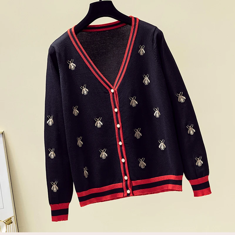 Cardigan Female 2022 New Woman Sweaters Korean Elasticity Long Sleeve Black V Neck Embroidery Honey Women Sweater Knitwear Tops