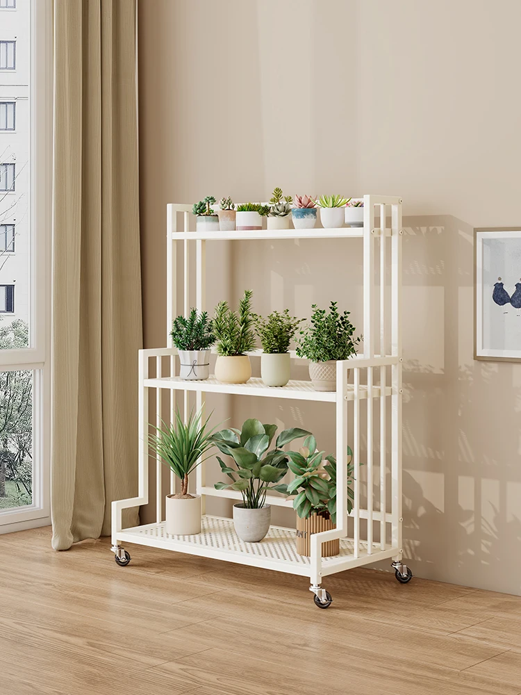 

Flower stand cream wind living room multi-layer shelf movable metal potted plant simple floor balcony potted plant rack