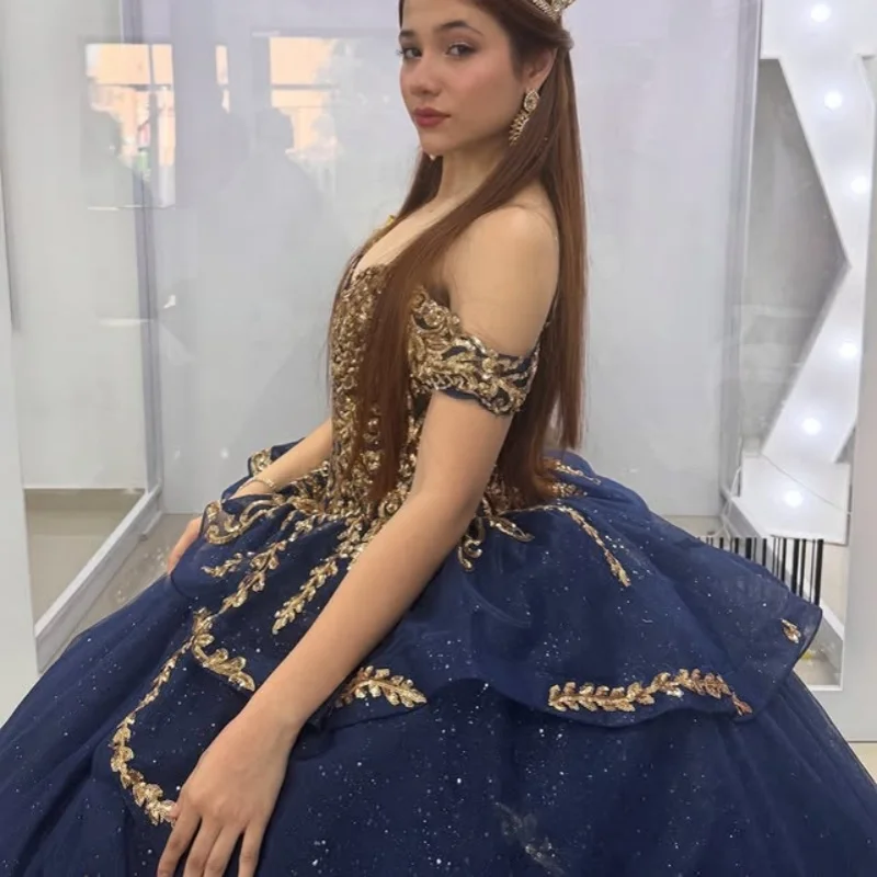 Customized royal blue Quinceanera Dresses Off the Shoulder golden sequin applique layering Tull Long tail Vestido 15 Quinceanera