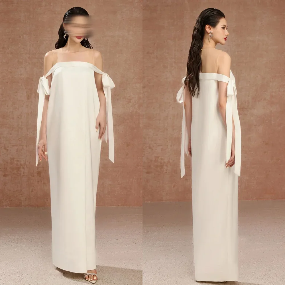 

Modern Style Casual Jersey Bow A-line Off-the-shoulder Long Dresses Ivory Evening Dresses Sizes Available Exquisite Formal