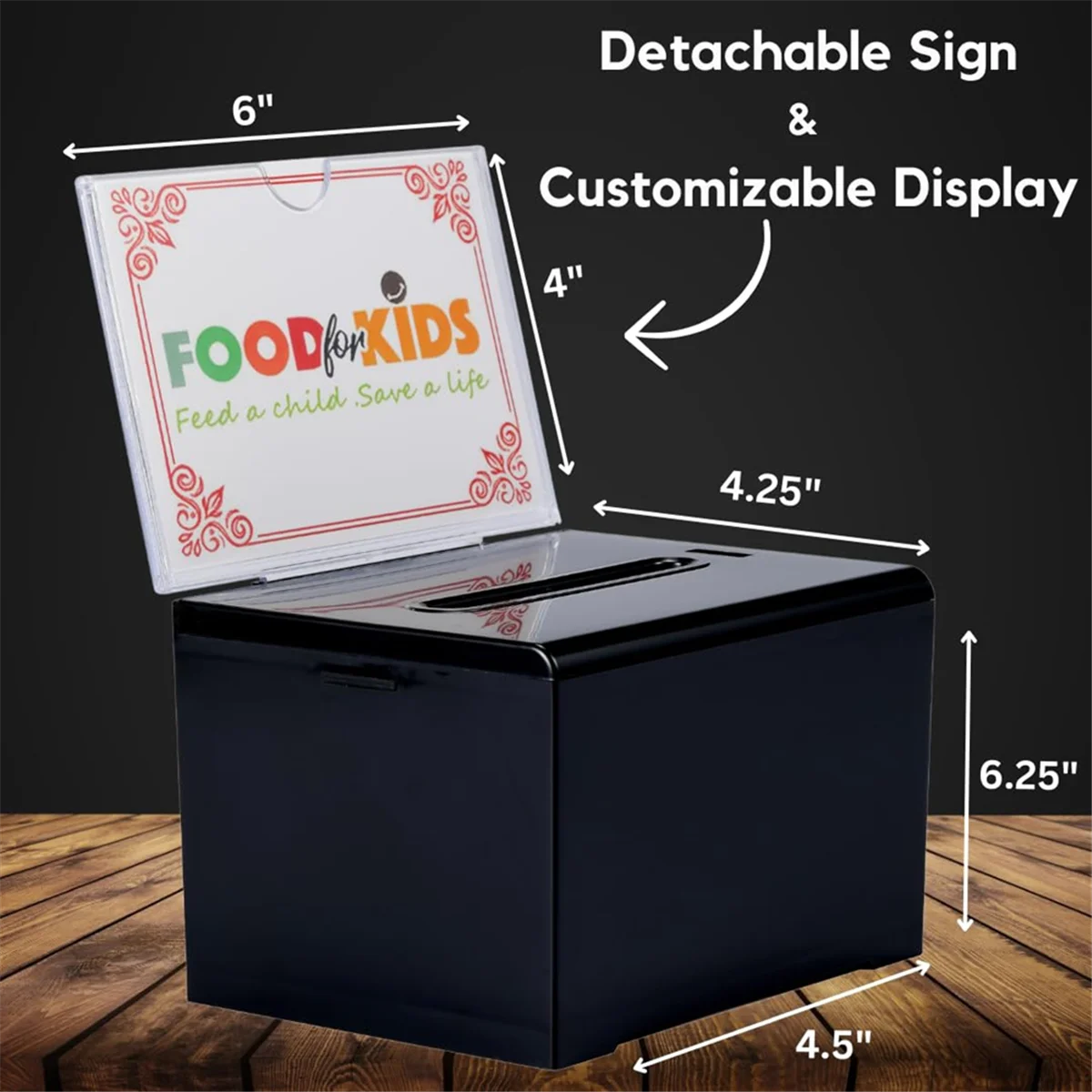 La nueva caja de donación con cerradura: caja de sugerencias acrílica con ranura, caja de bloqueo de boleta con soporte de letrero para rifa, votación, color negro
