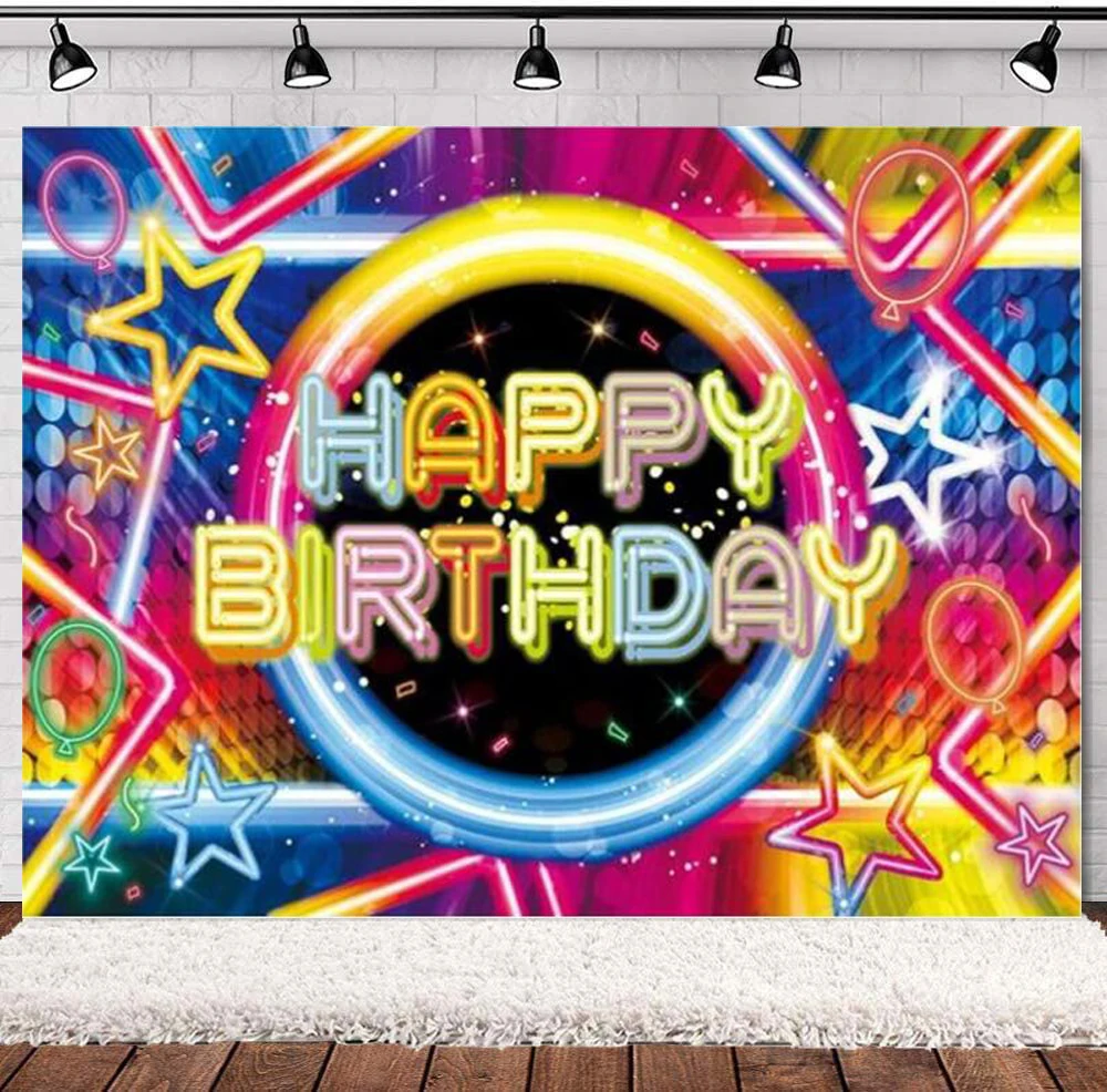 

Glow In The Dark Birthday Backdrop Colorful Neon 80s 90s Crazy Sleppover Theme Party Supplies Background Cake Table Decor