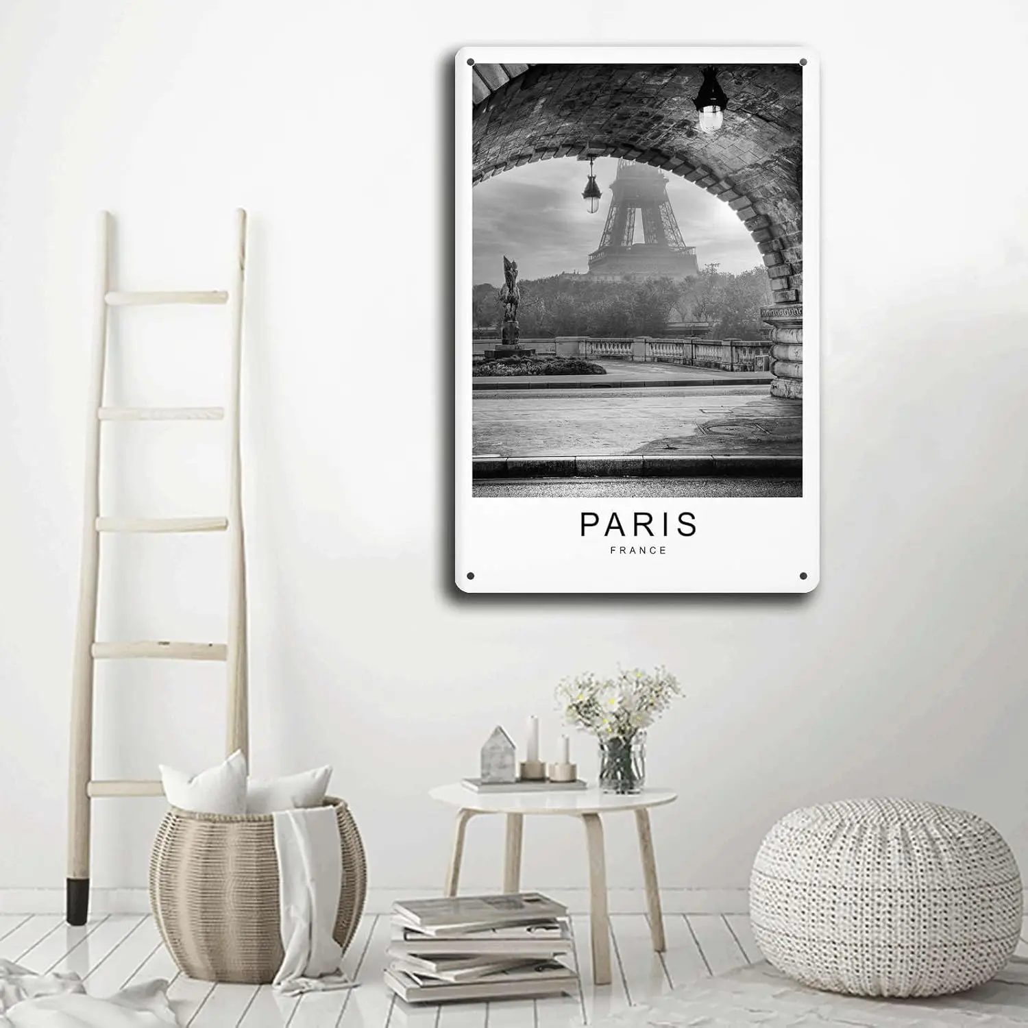 Tin Signs Paris Eiffel Tower French Capital Black And White Travel Art LandscapeBar and Restaurant Decoration 8x12inch Tin Sign