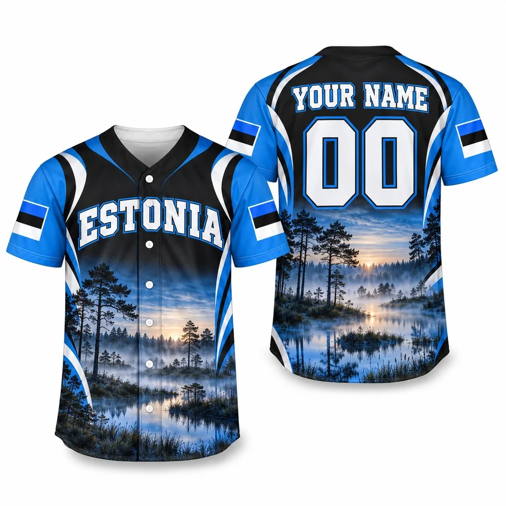 Estonia Blue Black White Shirts Medieval Skyline Jerseys Shirt and Graphic Landscape Print Nature Forest Baseball Jersey