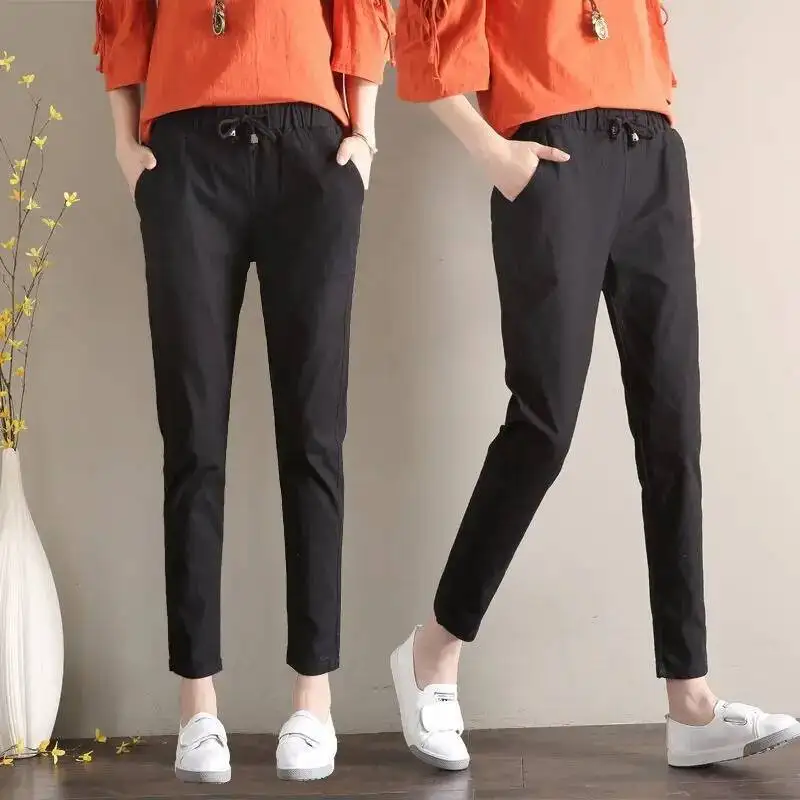 2025 Summer Pants For Women Solid Lace Up Harem Pant Casual Baggy Elastic High Waist Cropped Trousers Female Clothing