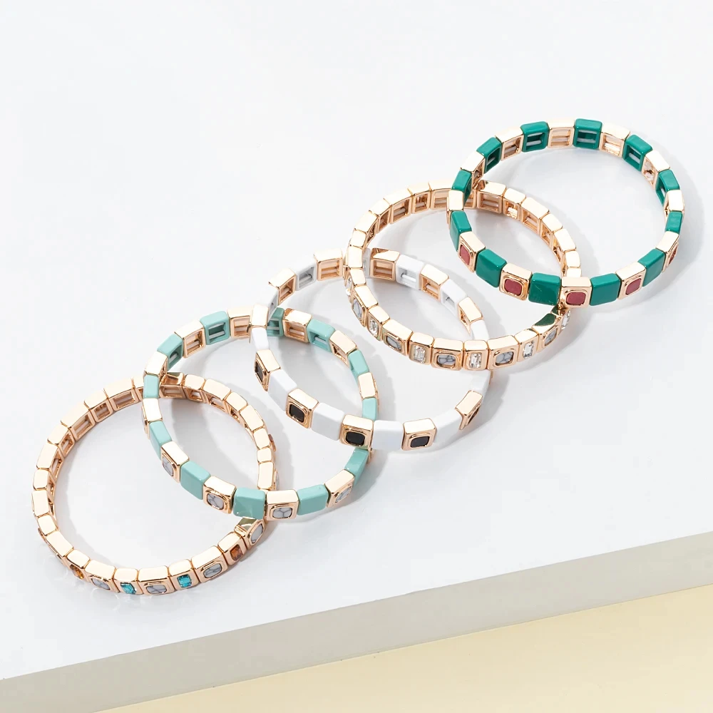 2024 New Fashion 8*8mm Alloy Elastic Bracelet for Women Gold Color Inlaid Rhinestone Bangle Natural Stone Women Jewelry Gift