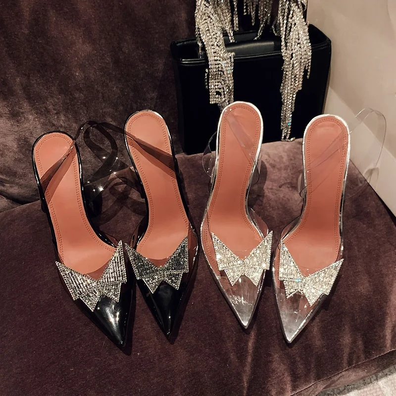 Summer Sexy Butterfly Knot Water Diamond Sandals Glitter Ladies Stilettos Transparent Pointed Toe High Heels Fashion Party Pumps