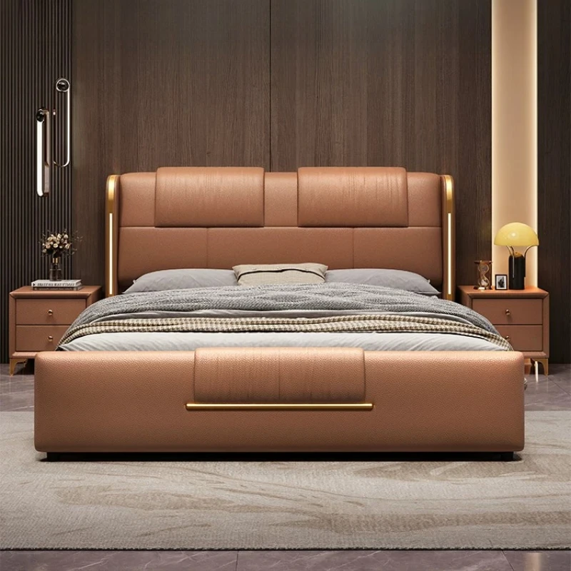 200x220cm Kingsize-Schlafzimmerbett für 2 Personen, Luxuriöses Doppelbett mit Lederkopfteil und Nachttisch, Hochwertige Wohnmöbel