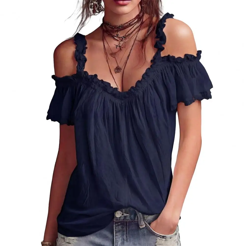 

Versatile Summer Shirt Women’s Off Shoulder Tops Ruffle Collar T-shirts Shoulder Strap Summer Blouses Loose Fit Short Sleeve