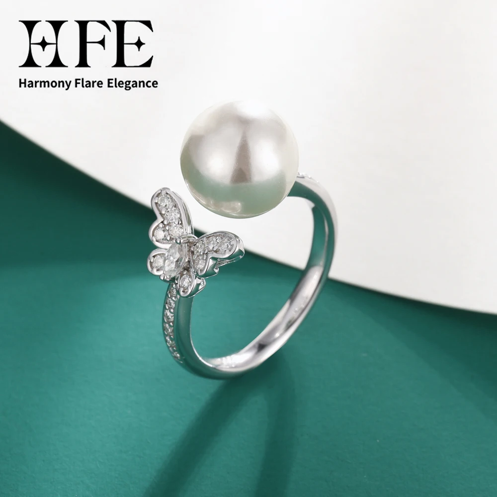 HFE High Quality Shell Pearl Open Ring Set With D VVS1 Moissanite Butterfly Design 925 Sterling Silver Elegant Ladies Jewellery