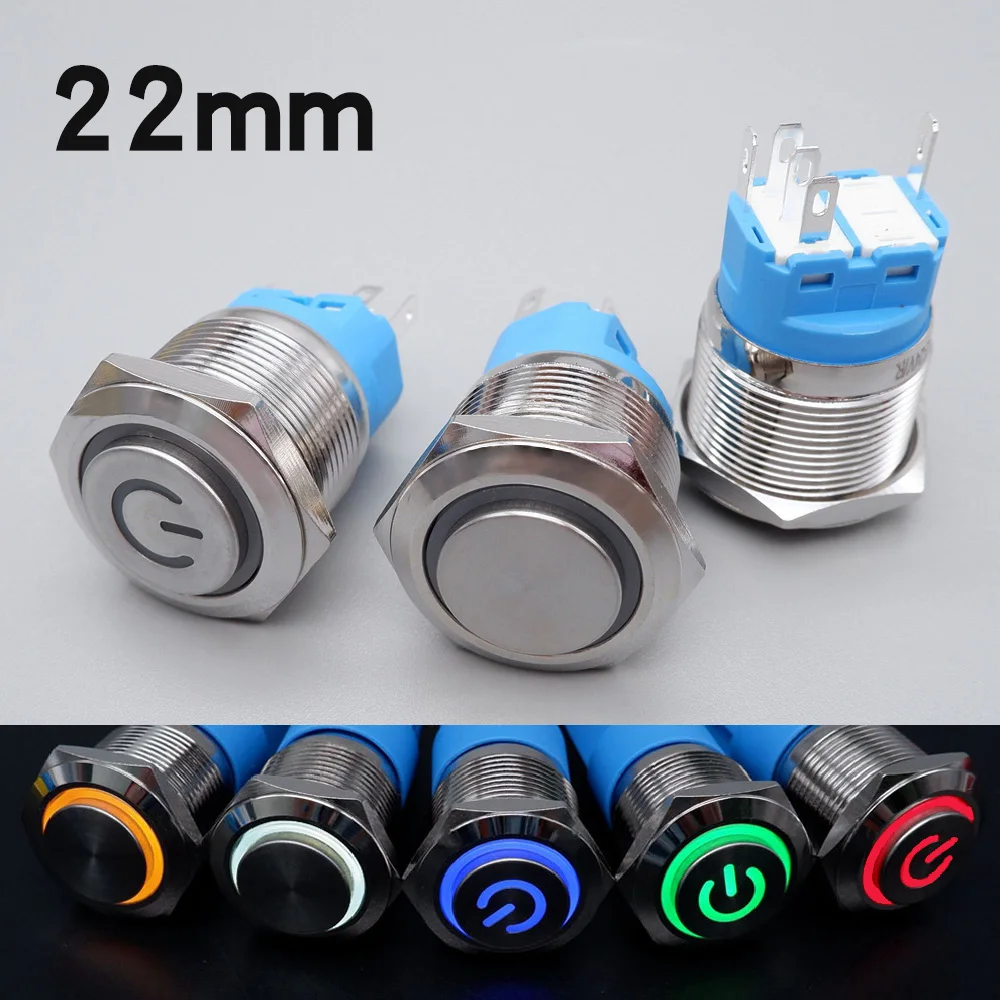 Metal Illuminated Push Button Switch 12v LED Light 22mm Waterproof Momentary Latching Power High Head Automatic Reset On Off