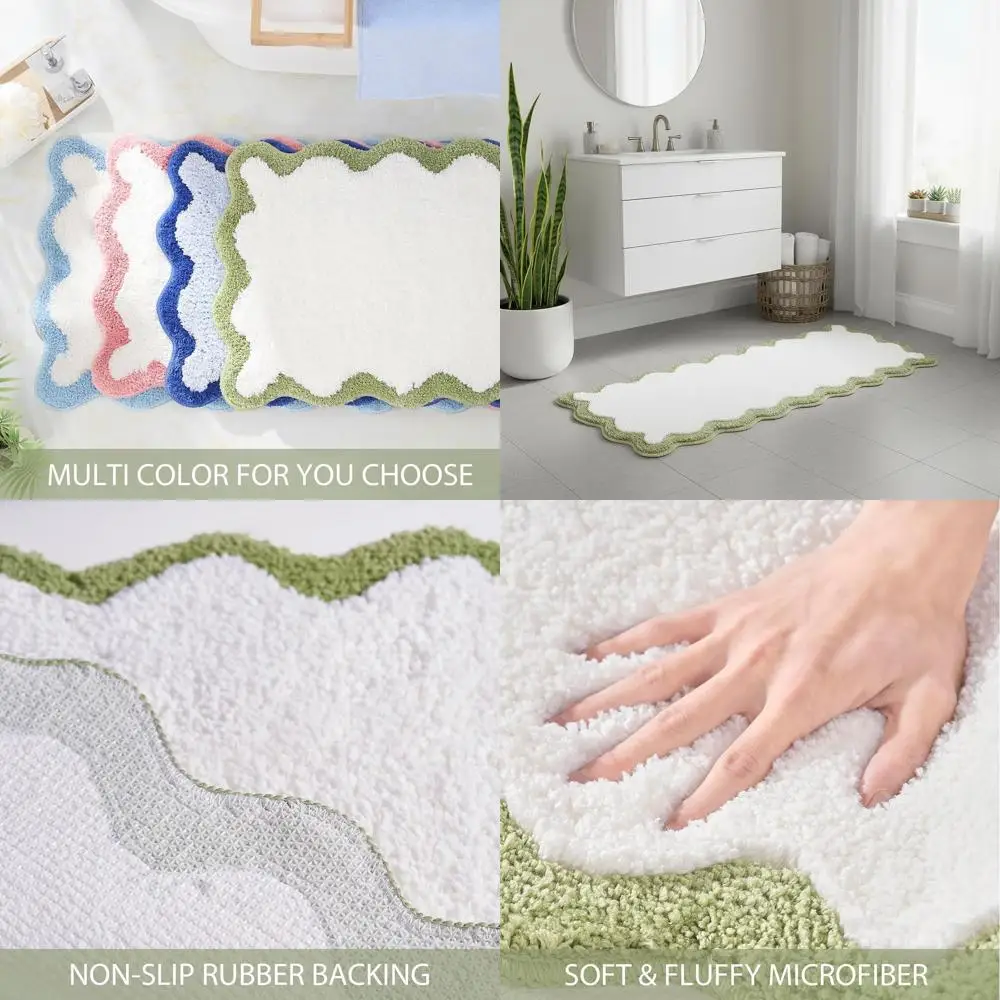 

Elegant Soft Microfiber Bath Mat with Green Scalloped Edge, Trendy & Fun, Non-Slip for Tub & Shower, 47x20