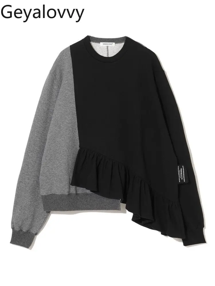 

Лоскутная повседневная толстовка в японском стиле, модный осенне-зимний новый пуловер с длинными рукавами, толстовки с круглым вырезом для женщин