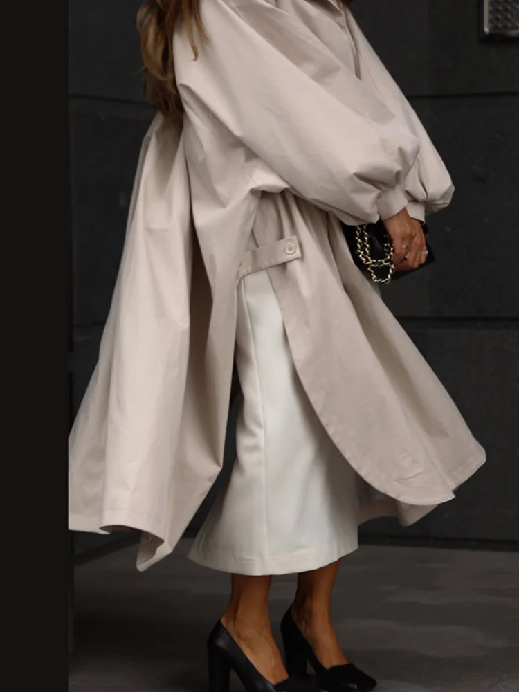 Damen Loser Drapierter Trenchcoat mit Stehkragen, Laternenärmeln, Seitenschlitz, Einreihig, Lässige Oberbekleidung, Stilvoller Alltagsmantel für Damen – Detail 12
