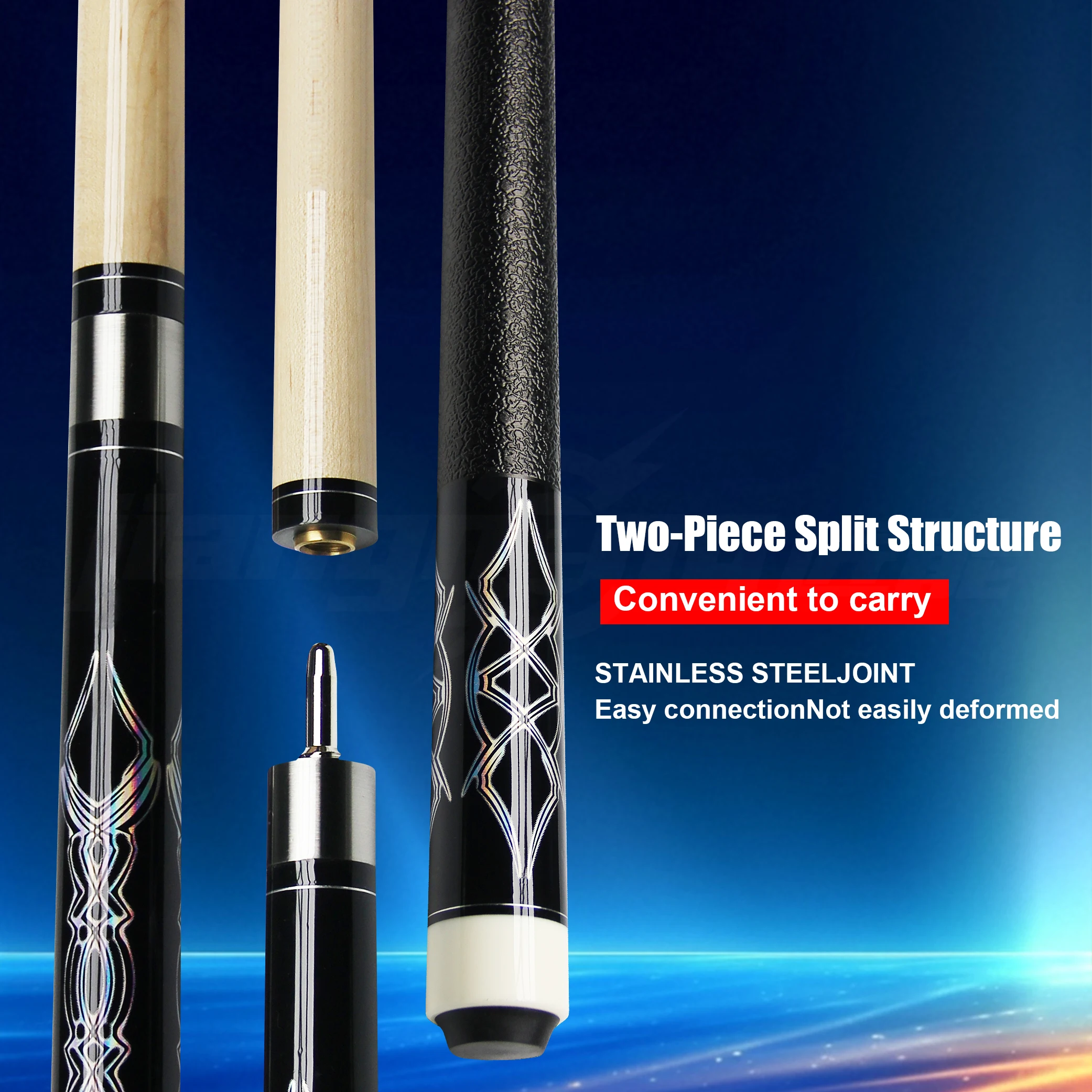 Professional Two-Piece Maple Pool Cue 12.5 MM Layered Leather Tip Stainless-Steel Joint Laser-Engraved Pattern