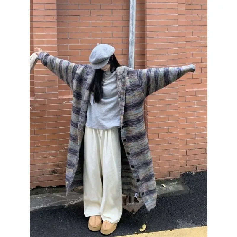 

Women's Stripe Hooded Medium Length Sweater Jacket Streetwear Vintage Autmn Winter Retro Loose Long Sleeved Thin Coat